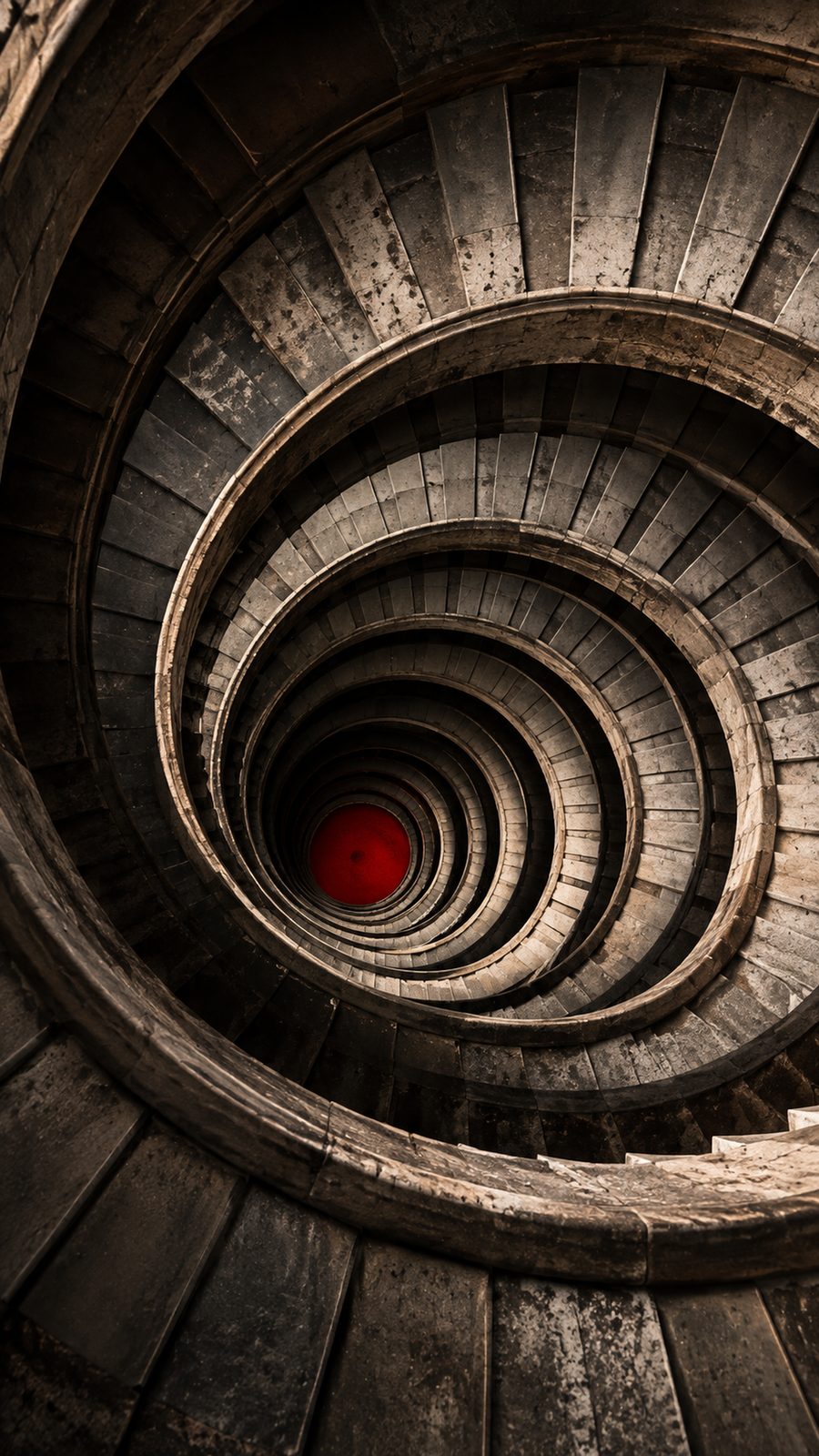 A spiral stairwell descending to a red point