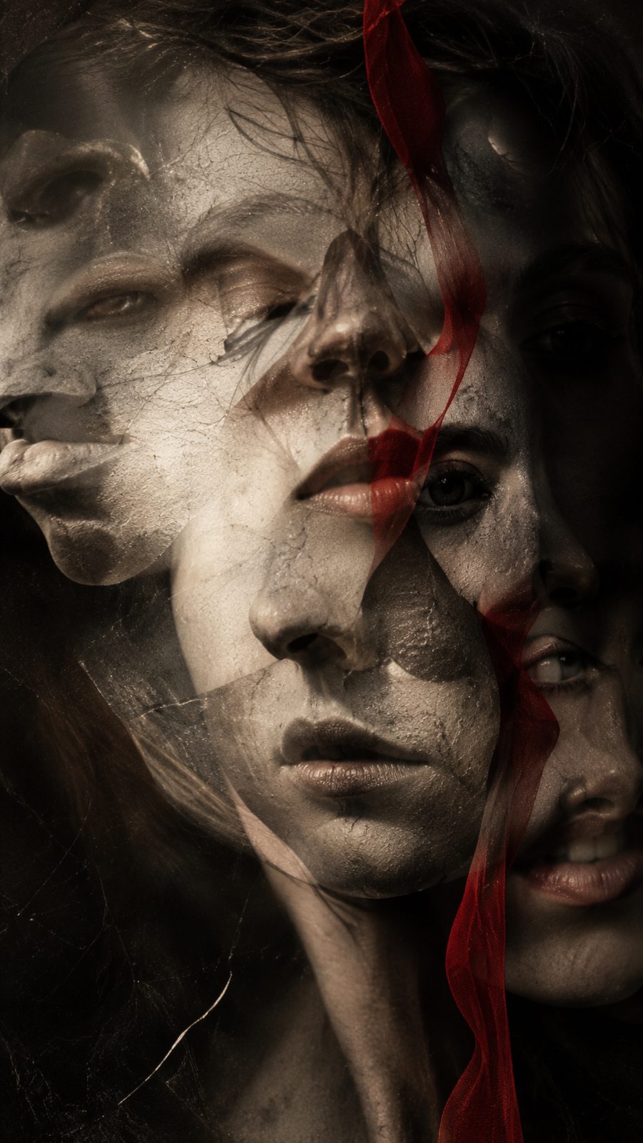 Layered faces split by a red thread