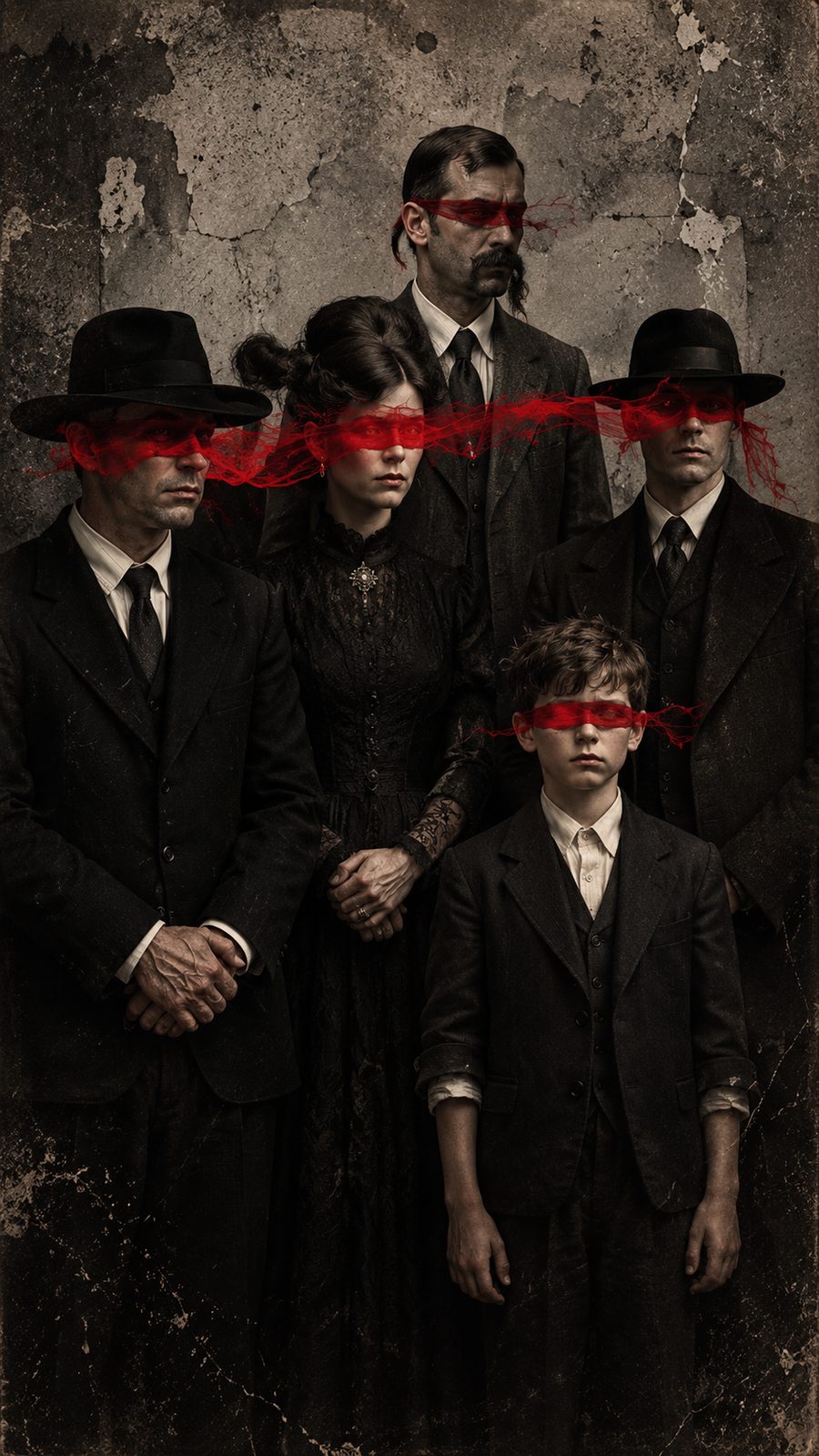 A family portrait with a red band across the eyes