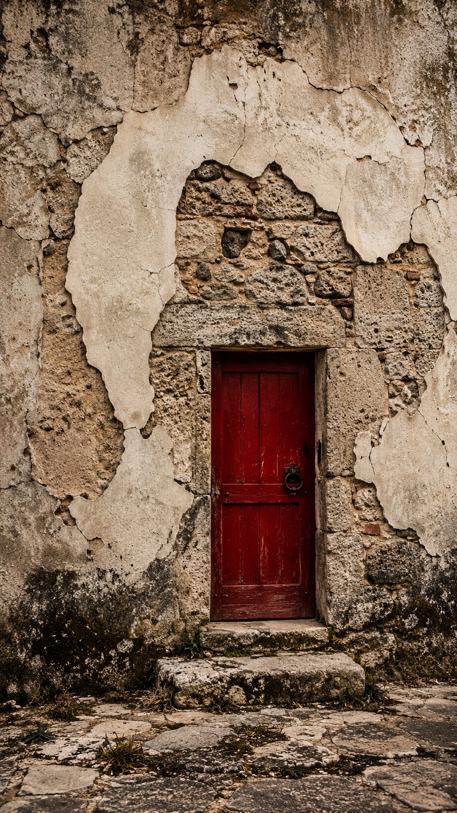 A red door set into crumbling plaster