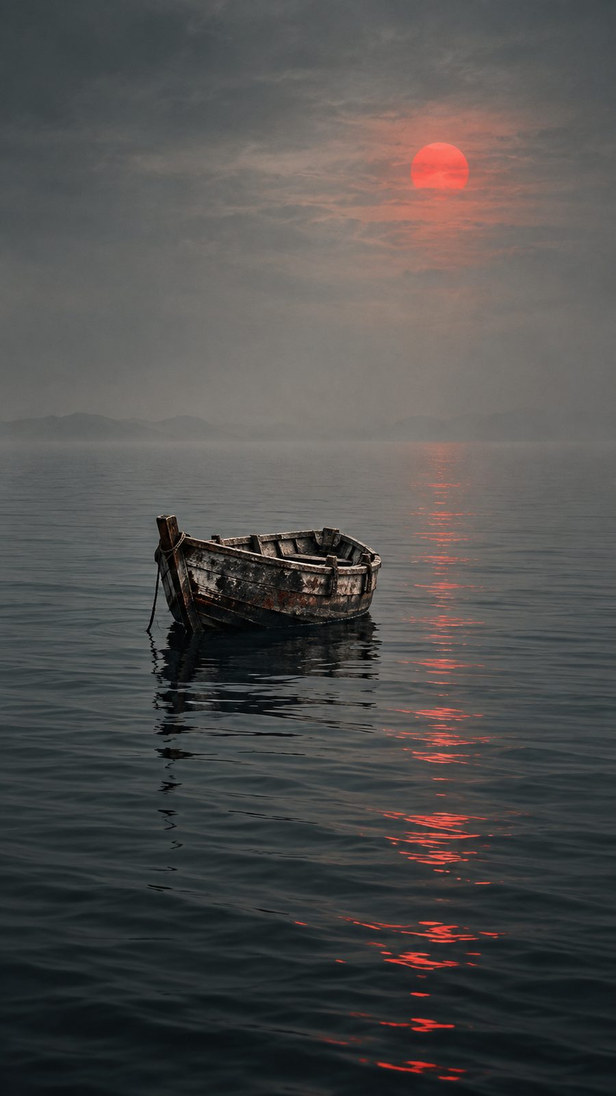 A boat on still water under a red sun